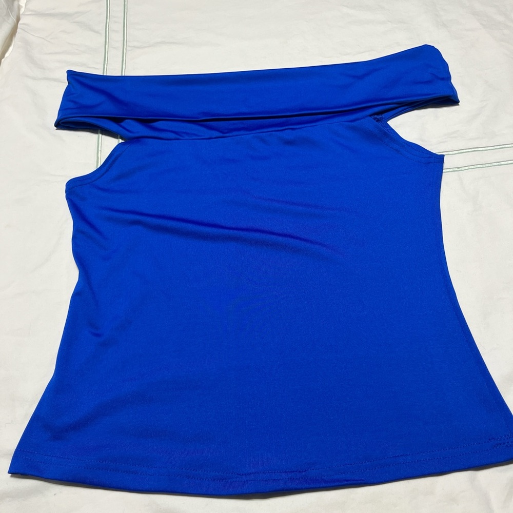 Asymmetrical Fitted Blue Sleeveless Tank Top